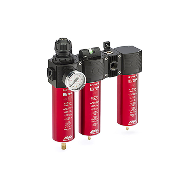 E/32-D - Gruppo - Filtro regolatore + Microfiltro disoleatore + Flangia prelievo aria + Microfiltro a carboni attivi della serie E-TECH - 2 Staffe - Ani - AH117309 E/32-D - Gruppo - Filtro regolatore + Microfiltro disoleatore + Flangia prelievo aria + Microfiltro a carboni attivi della serie E-TECH - 2 Staffe - Ani - AH117309